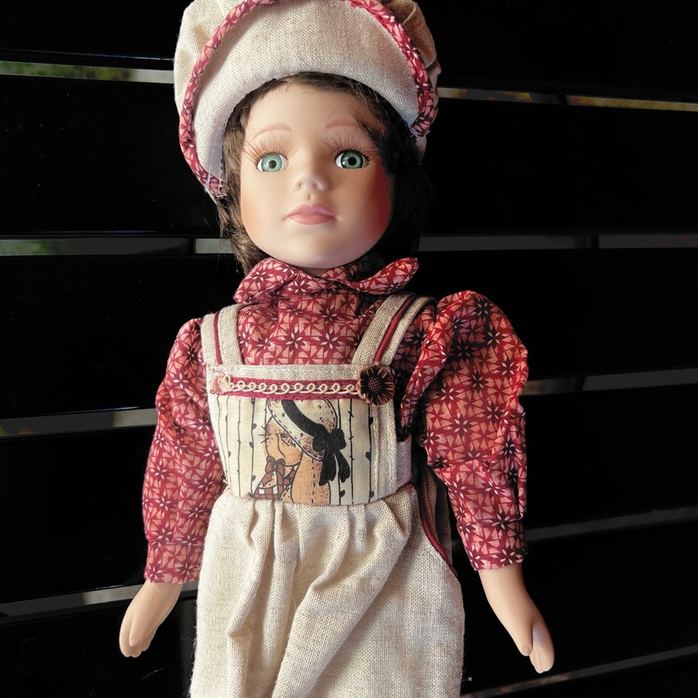 Porcelain Doll-Red and Cream Doll with Hat